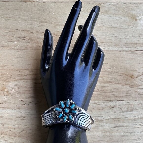 Vintage Navajo Stamped Tom Sterling Silver 9 Turquoise Cabs Cuff Bracelet Deco‎ - Picture 10 of 12
